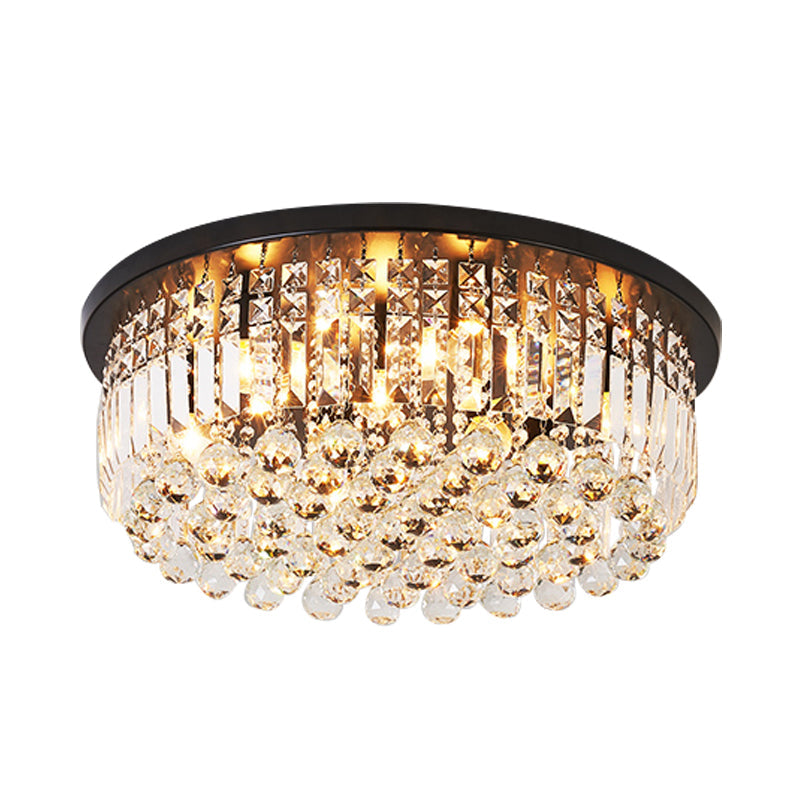 Contemporary Black Crystal Cascade Ceiling Light For Bedroom - 9-Light Flush Mounted Fixture