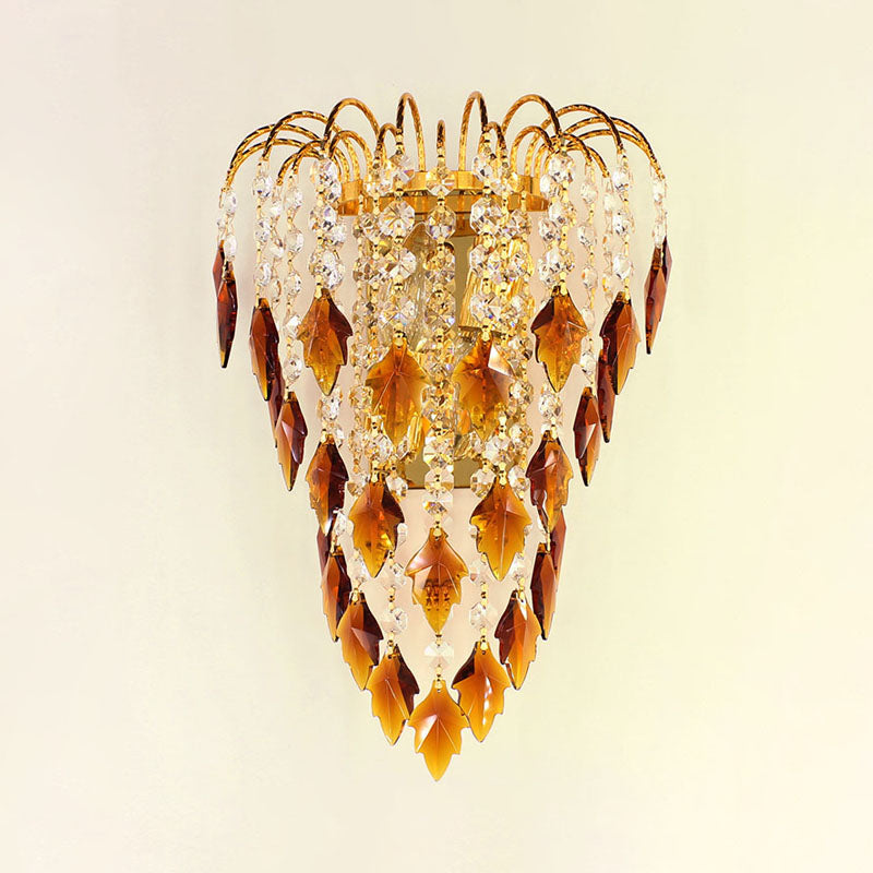 Contemporary 2-Light Brass Finish Wall Lamp With Tan/Blue Crystal Shade