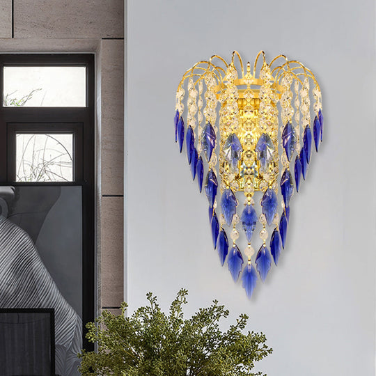 Contemporary 2-Light Brass Finish Wall Lamp With Tan/Blue Crystal Shade