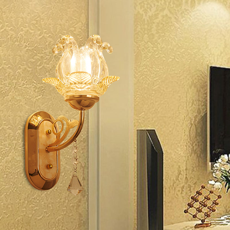 Gold Crystal Wall Lamp With Curved Arm - Simplicity Blossom 1/2-Light Fixture 1 /