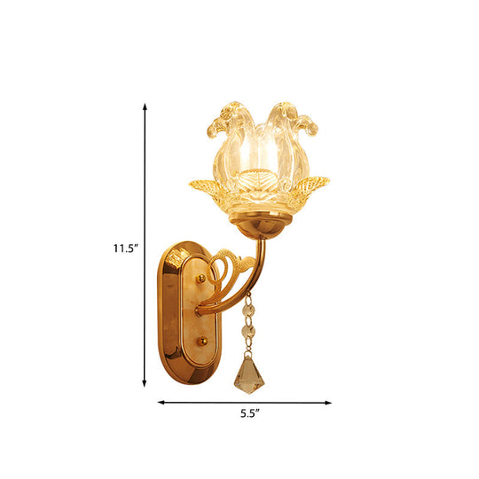 Gold Crystal Wall Lamp With Curved Arm - Simplicity Blossom 1/2-Light Fixture
