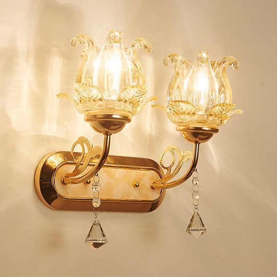 Gold Crystal Wall Lamp With Curved Arm - Simplicity Blossom 1/2-Light Fixture