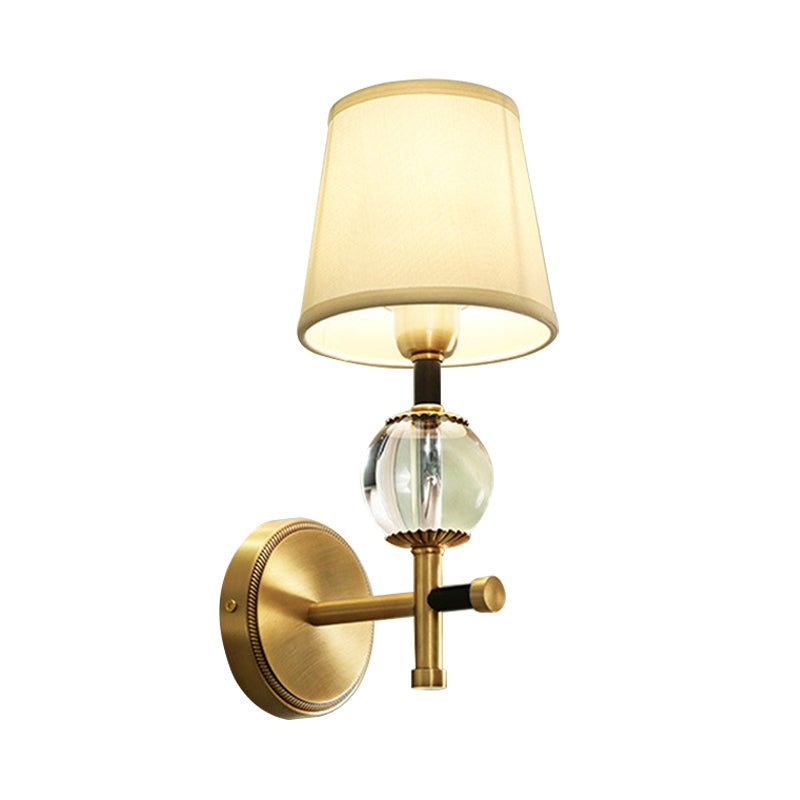 Modern Brass Wall Sconce With Crystal Accent And Fabric Shade