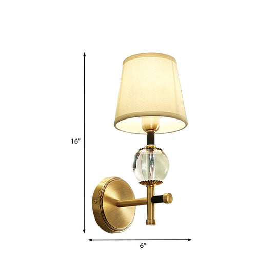 Modern Brass Wall Sconce With Crystal Accent And Fabric Shade