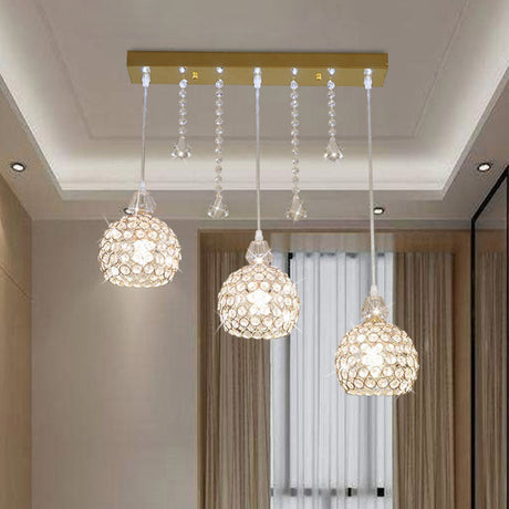 Contemporary Gold Crystal Pendant Lamp - 3 Light Globe Corridor Ceiling Suspension