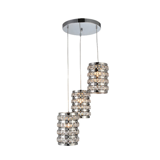 Contemporary Chrome Multi-Light Pendant - Cylinder Crystal 3 Lights Ceiling Suspension Lamp