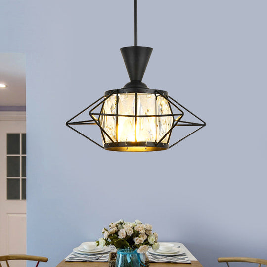 Modern Metal Wire Cage Pendant Light With Crystal Drum Shade - Black/Gold Black