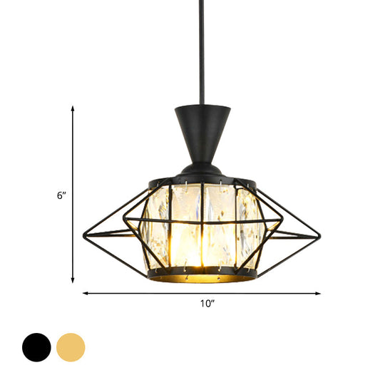 Modern Black/Gold Wire Cage Pendant Light With Crystal Drum Shade - Ideal For Dining Rooms