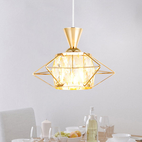 Modern Metal Wire Cage Pendant Light With Crystal Drum Shade - Black/Gold Gold