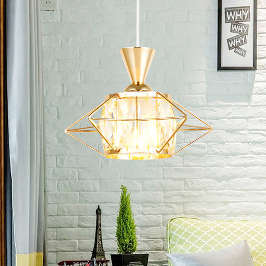 Modern Black/Gold Wire Cage Pendant Light With Crystal Drum Shade - Ideal For Dining Rooms