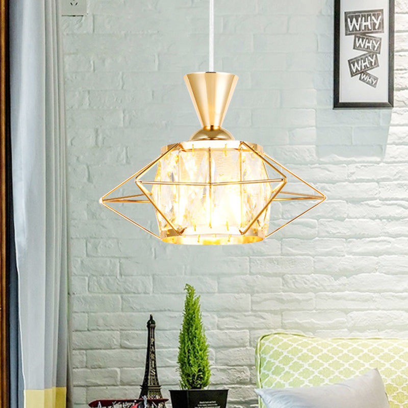 Modern Metal Wire Cage Pendant Light With Crystal Drum Shade - Black/Gold