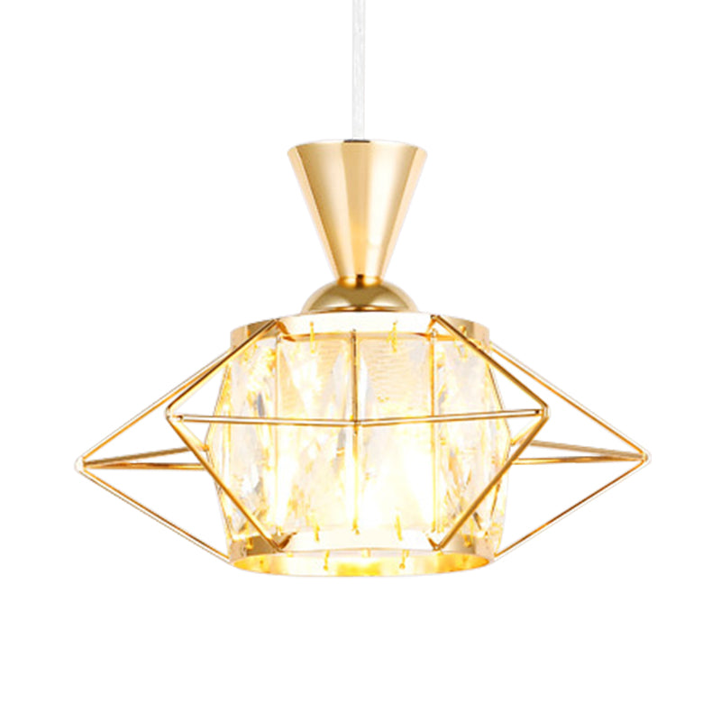 Modern Black/Gold Wire Cage Pendant Light With Crystal Drum Shade - Ideal For Dining Rooms