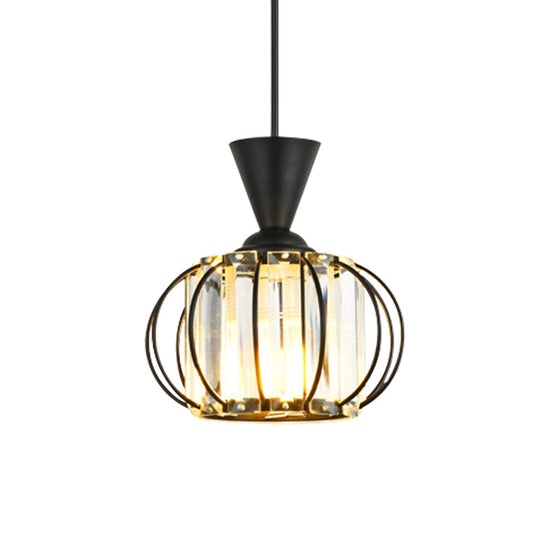 Modern Hanging Lamp Kit: Metallic Pendant Light With Crystal Drum Shade In Black/Gold - Perfect For