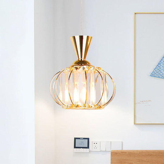 Modern Hanging Lamp Kit: Metallic Pendant Light With Crystal Drum Shade In Black/Gold - Perfect For
