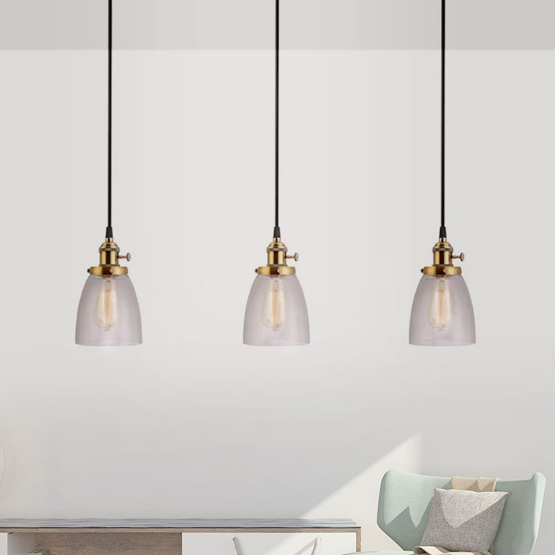 Industrial Aged Brass Dining Room Pendant Light Fixture With Tapered Clear Glass Shades - 3-Light
