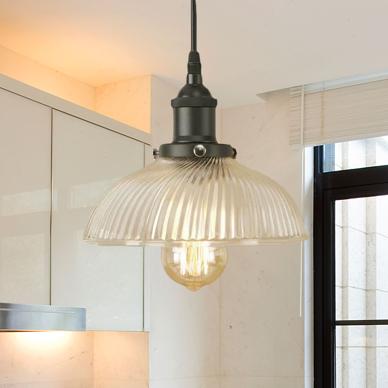 1-Light Ribbed Glass Dome Pendant Ceiling Light For Industrial & Rustic Settings.