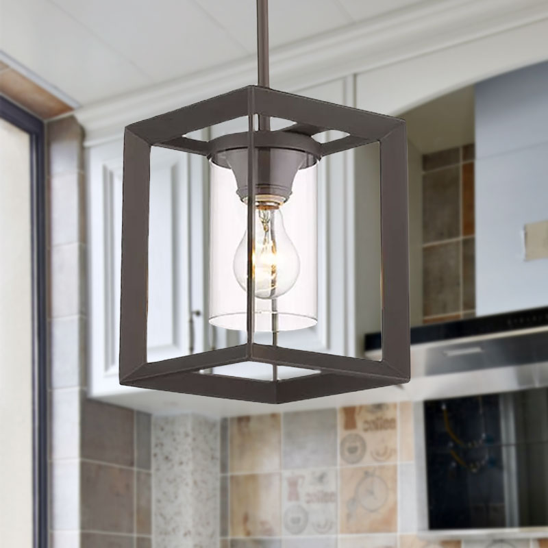 Industrial Black Cylinder Glass Pendant Light - Clear Living Room Ceiling Fixture