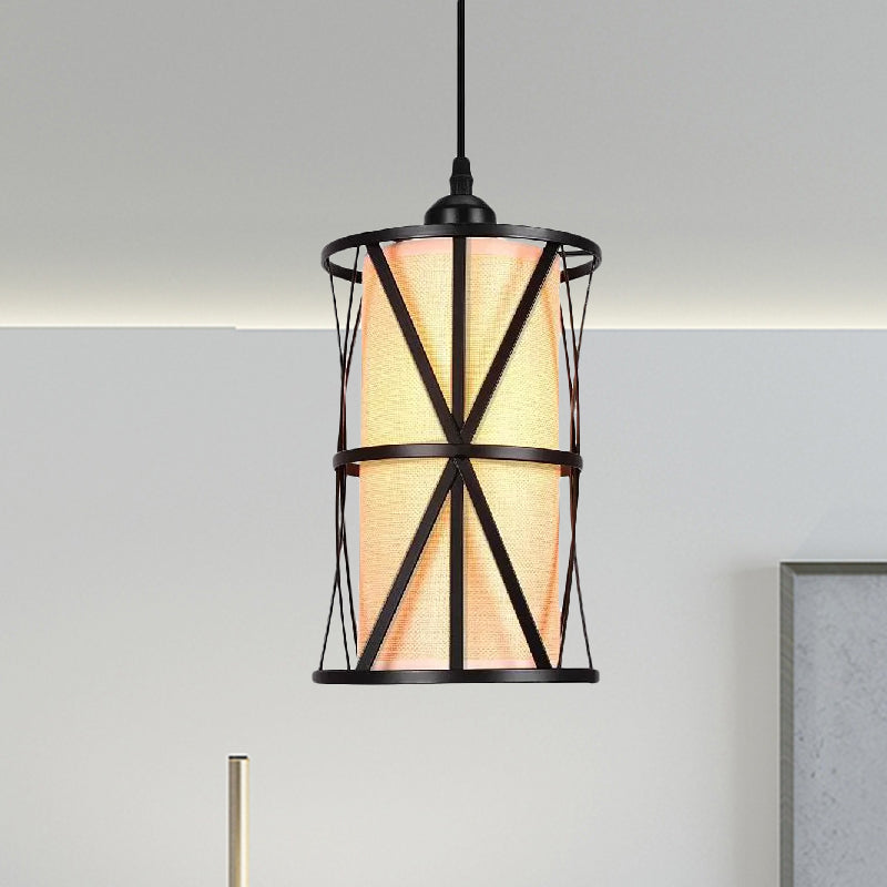Antique Black Cylinder Pendant Light With Clear Glass/Fabric Shade - Elegant Living Room Ceiling