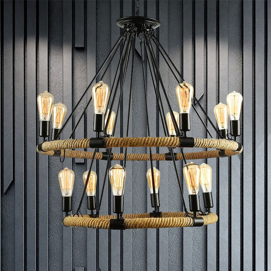 Lodge Style Roped Ring Chandelier Pendant Light With Adjustable Chain - 6/8 Heads In Black
