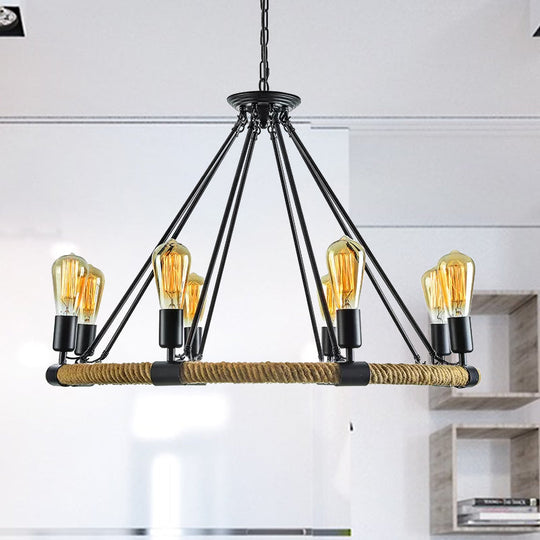 Rustic Rope Ring Chandelier - Lodge Style Pendant Light With Adjustable Chain 6/8 Heads Black