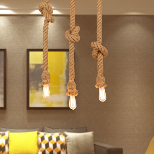 Country 3-Light Beige Rope Pendant With Open Bulb - Natural And Stylish Balcony Lighting