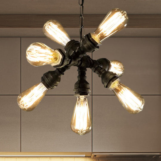 Antique Bronze Chandelier With 7 Bulbs – Vintage Metal Pipe Pendant Light Fixture