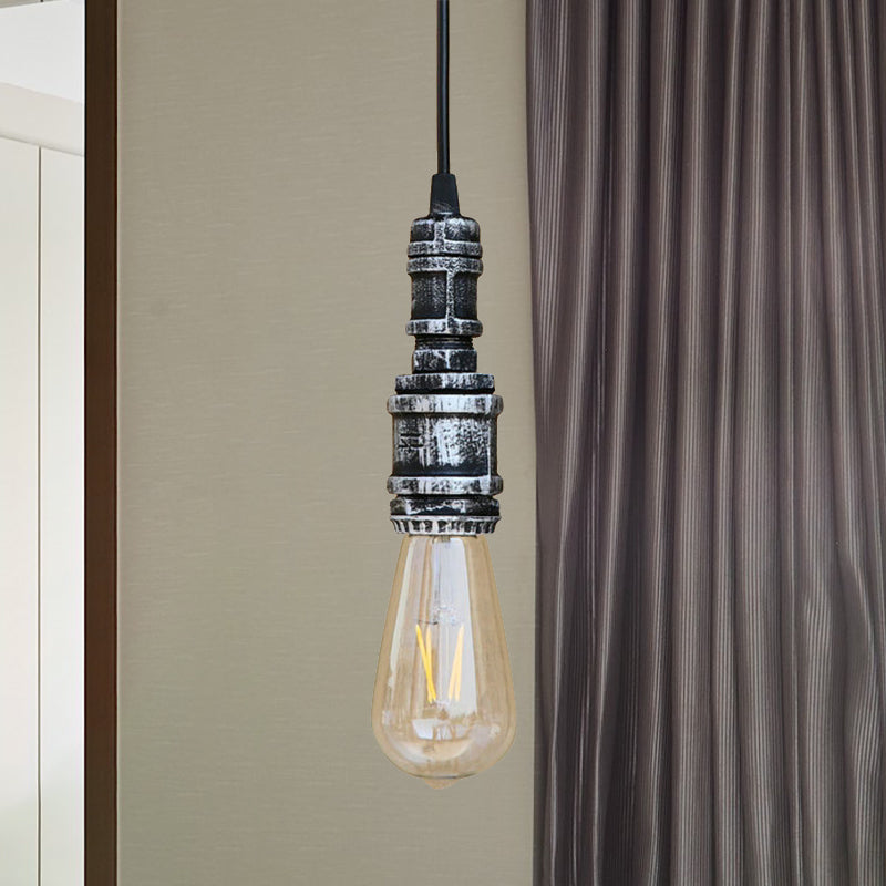 Rustic Black/Silver Wrought Iron Bare Bulb Hanging Light Fixture With Pipe - Bathroom Ceiling