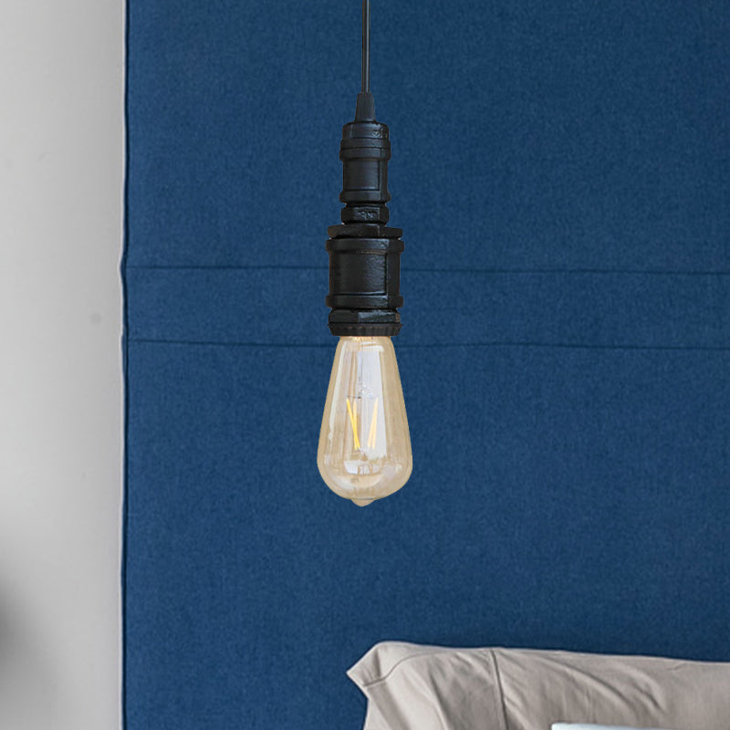 Rustic Black/Silver Wrought Iron Bare Bulb Hanging Light Fixture With Pipe - Bathroom Ceiling