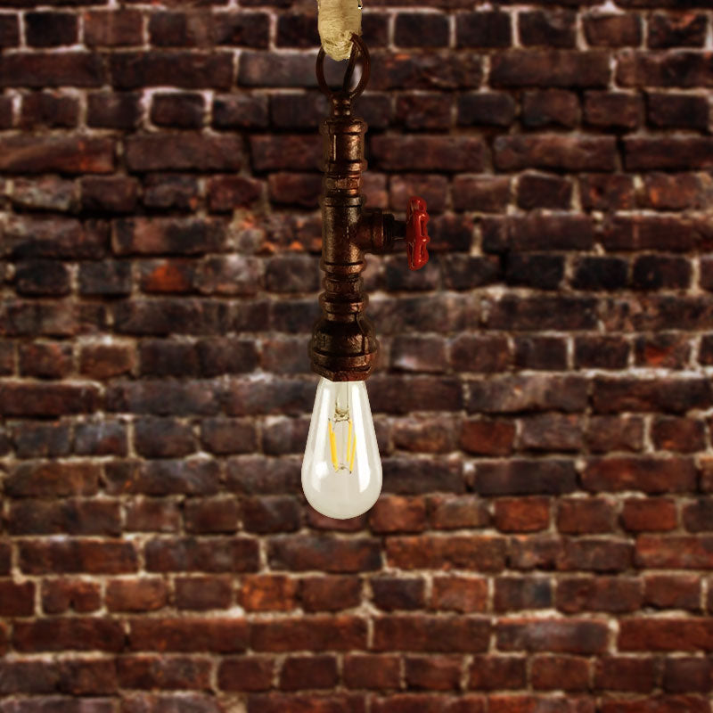 Industrial 1-Light Wrought Iron Pipe Pendant With Adjustable Rope - Aged Silver/Copper