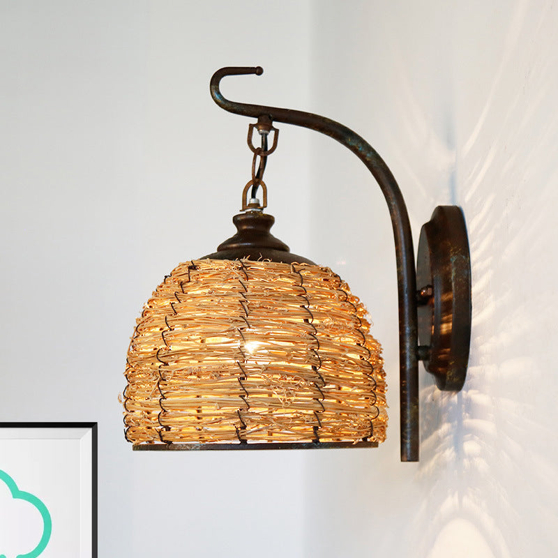 Handmade Asian Style Rattan Sconce With Dome Shade - 1 Light Bedroom Wall Lamp In Brown