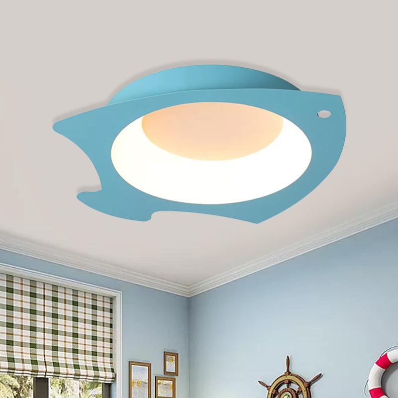 Blue Fish Flush Mount Led Ceiling Light For Kids Bedroom - Cartoon Style With Warm/White