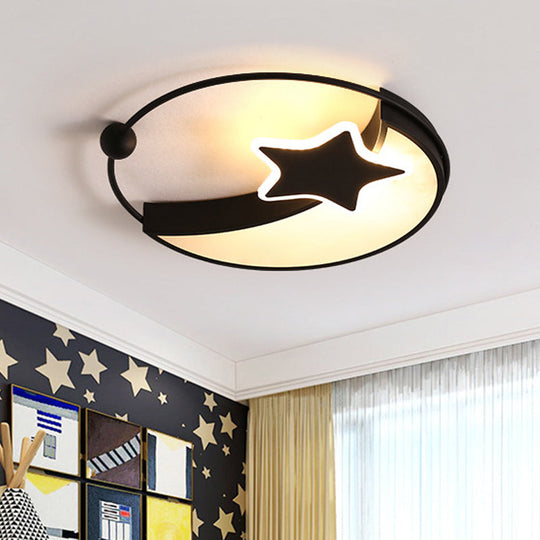 Kids Led Black Moon And Star Flush Mount Lamp With Warm/White Light