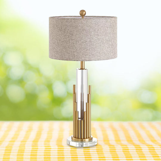 Ankaa - Modernist Round Shade Fabric Night Light 1 Head Flaxen Table Lamp With Gold Fluted Base