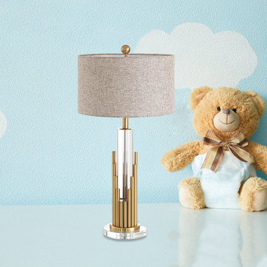 Ankaa - Modernist Round Shade Fabric Night Light 1 Head Flaxen Table Lamp With Gold Fluted Base