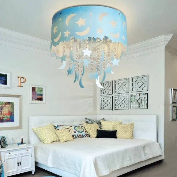 Blue Star & Moon Led Flush Mount Ceiling Light With Crystal Bead For Kids’ Bedroom