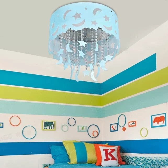 Blue Star & Moon Led Flush Mount Ceiling Light With Crystal Bead For Kids’ Bedroom