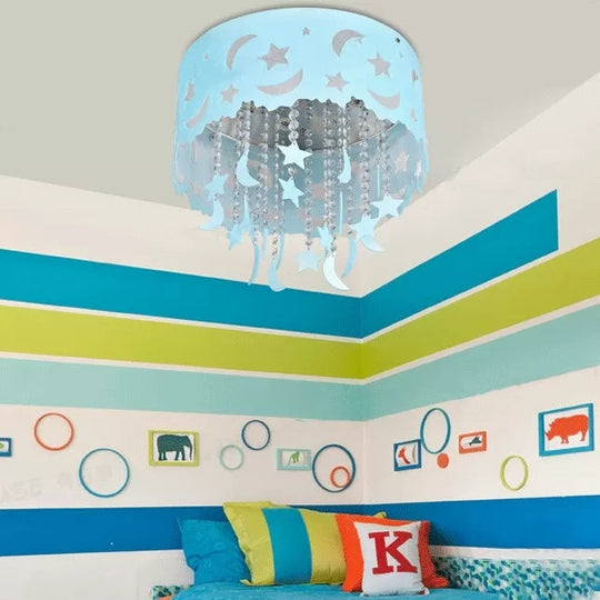 Blue Star & Moon Led Flush Mount Ceiling Light With Crystal Bead For Kids’ Bedroom