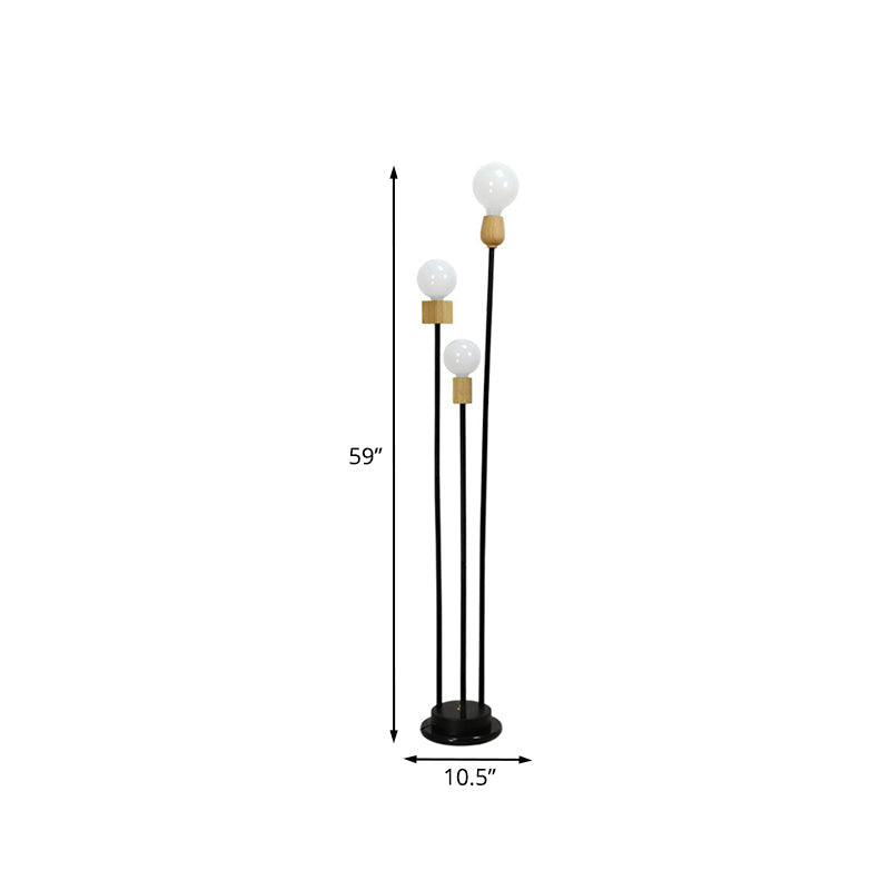Bulb Floor Lamp - Minimalist Metallic 3-Head Stand Up Light For Study Room Black