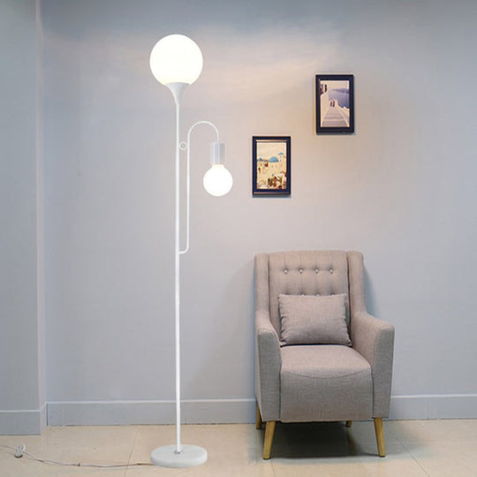 Sleek Glass Ball Standing Lamp: Modern 2-Head Bedroom Reading Light With Curved Arm In Black/White