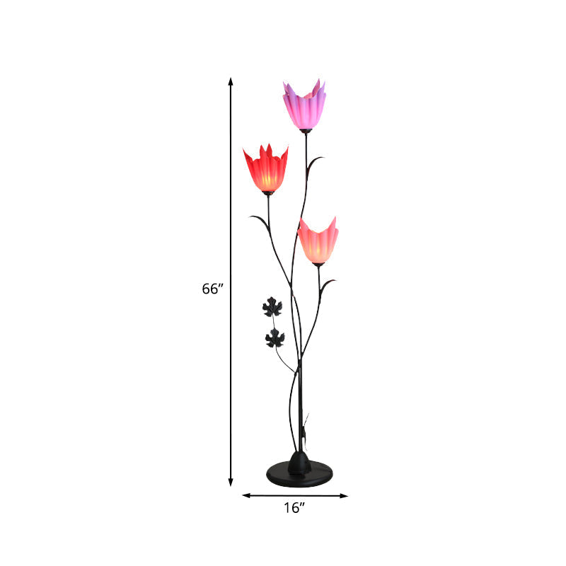 Sleek Black Floral Stand Up Lamp: Elegant 3-Bulb Metal Floor Light For Bedrooms