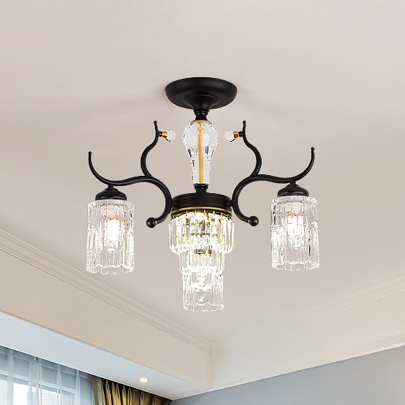 Contemporary Crystal Black Flush Chandelier -Cylindrical Bedroom Semi Ceiling Mount Lamp (3/6
