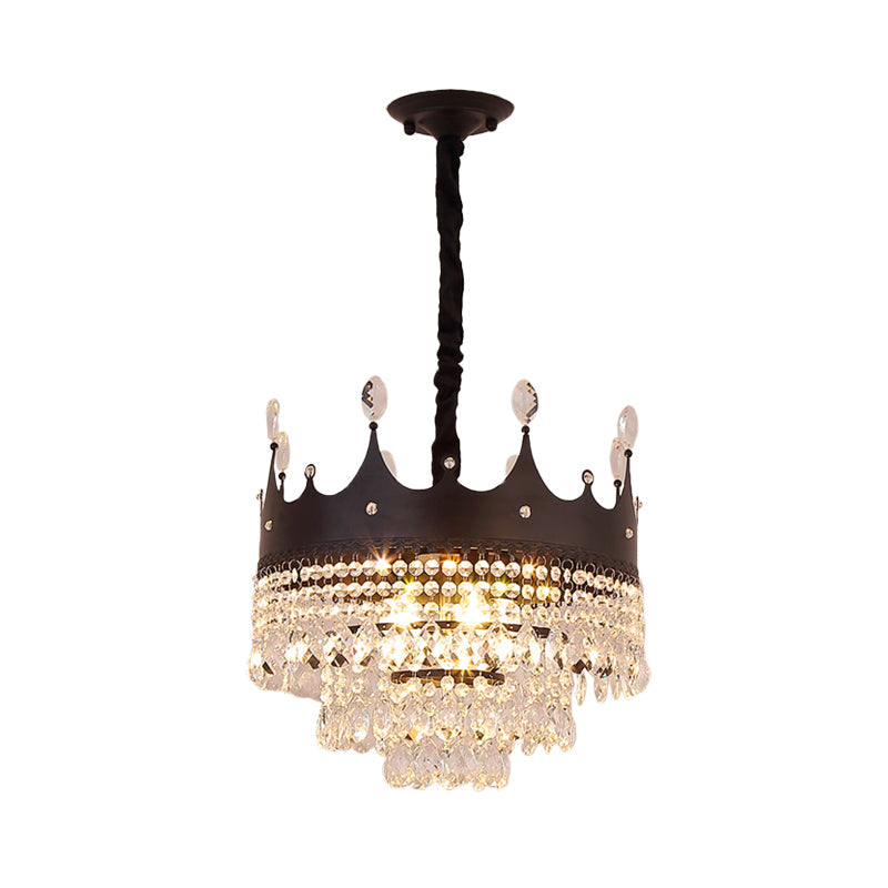 Contemporary 4-Bulb Black Pendant Chandelier With Crystal Droplet - Crown Shape Metal Suspension