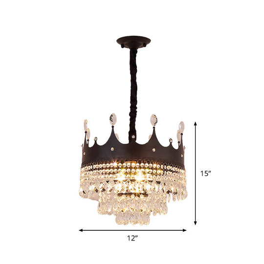 Contemporary 4-Bulb Black Pendant Chandelier With Crystal Droplet - Crown Shape Metal Suspension