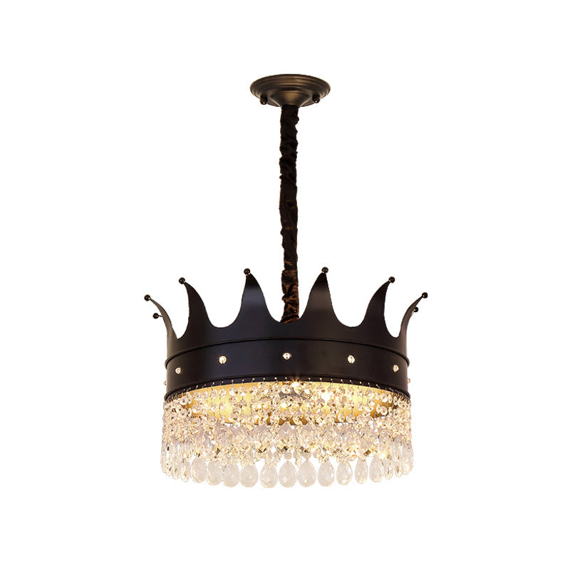 Contemporary 4-Bulb Black Pendant Chandelier With Crystal Droplet - Crown Shape Metal Suspension