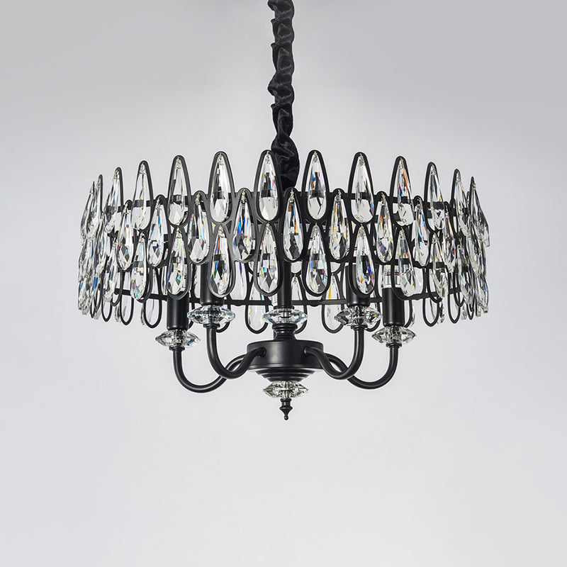 Modern Black Teardrop Chandelier With Drum Design & 4-Light Faceted Crystal Pendant