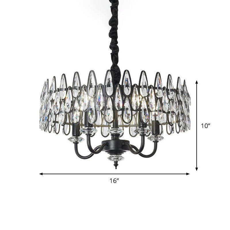 Modern Black Teardrop Chandelier With Drum Design & 4-Light Faceted Crystal Pendant