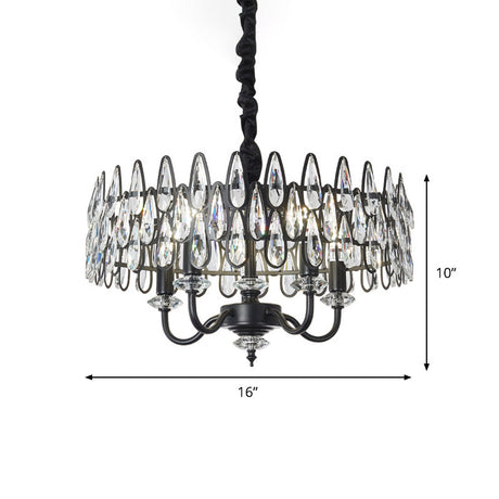 Modern Black Teardrop Ceiling Chandelier With Drum Design - 4-Light Crystal Pendant Lamp
