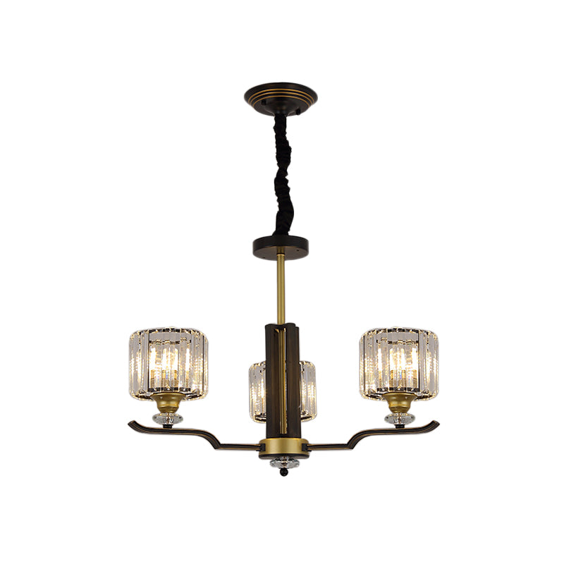 Modern Crystal Block Cylinder Pendant Chandelier - Black & Gold 3/6 Heads