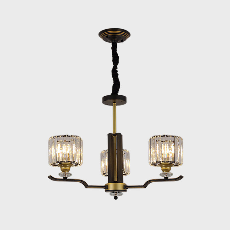 Modern Hanging Crystal Block Chandelier With Black & Gold Accents - 3/6 Heads Pendant Light
