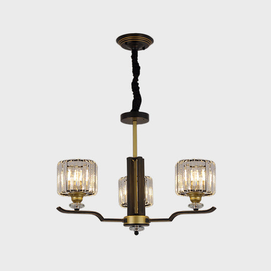 Modern Hanging Crystal Block Chandelier With Black & Gold Accents - 3/6 Heads Pendant Light